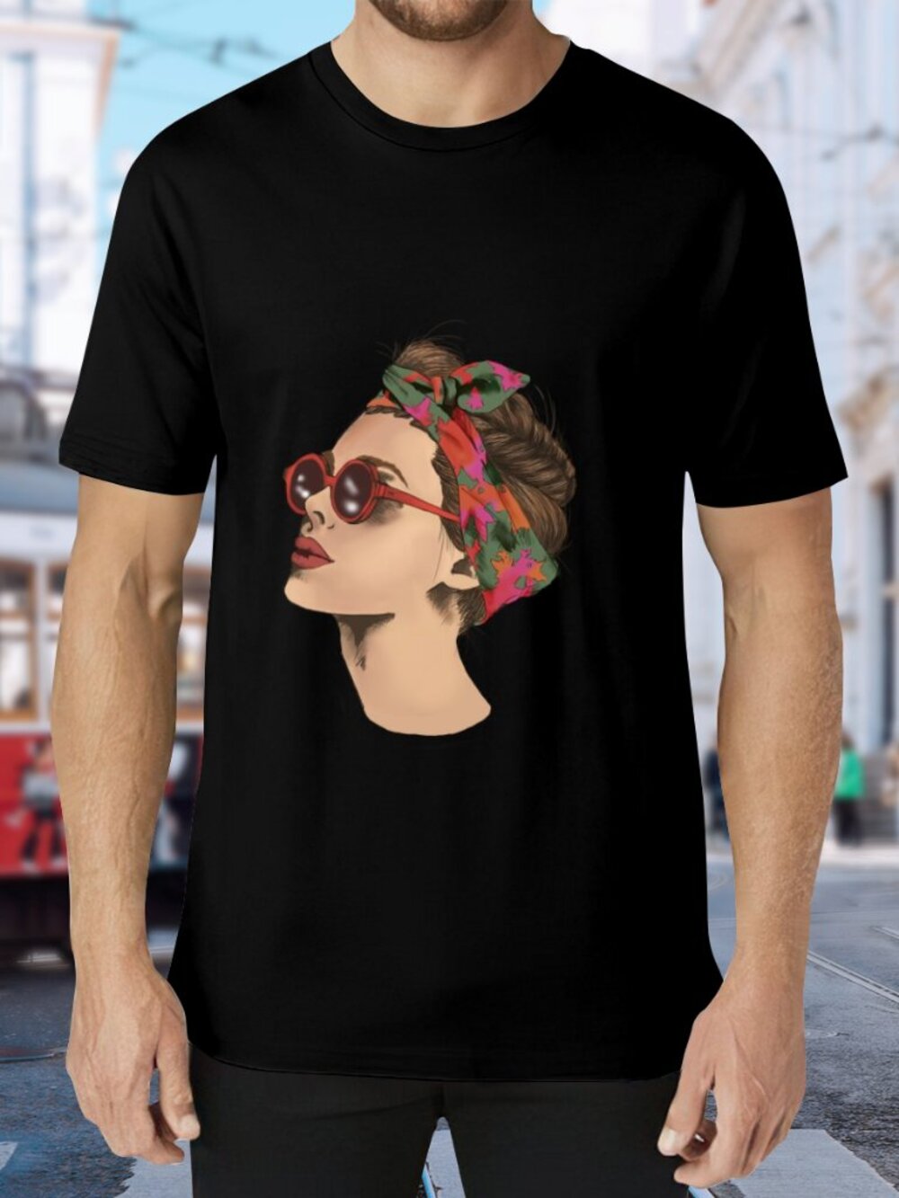 Men's Black Graphic Tee with Retro Head Portrait